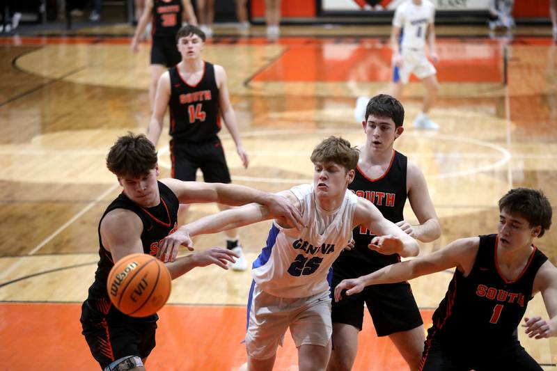 Wheaton Warrenville South's Brady Goken and Geneva’s Hudson Kirby go after a loose ball during a Class 4A St. Charles East Sectional semifinal on Wednesday, March 5, 2025 in St. Charles.