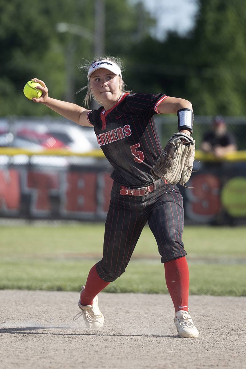 Erie-Prophetstown’s Chloe Hamilton throws to first against Morrison Thursday, May 14, 2026.