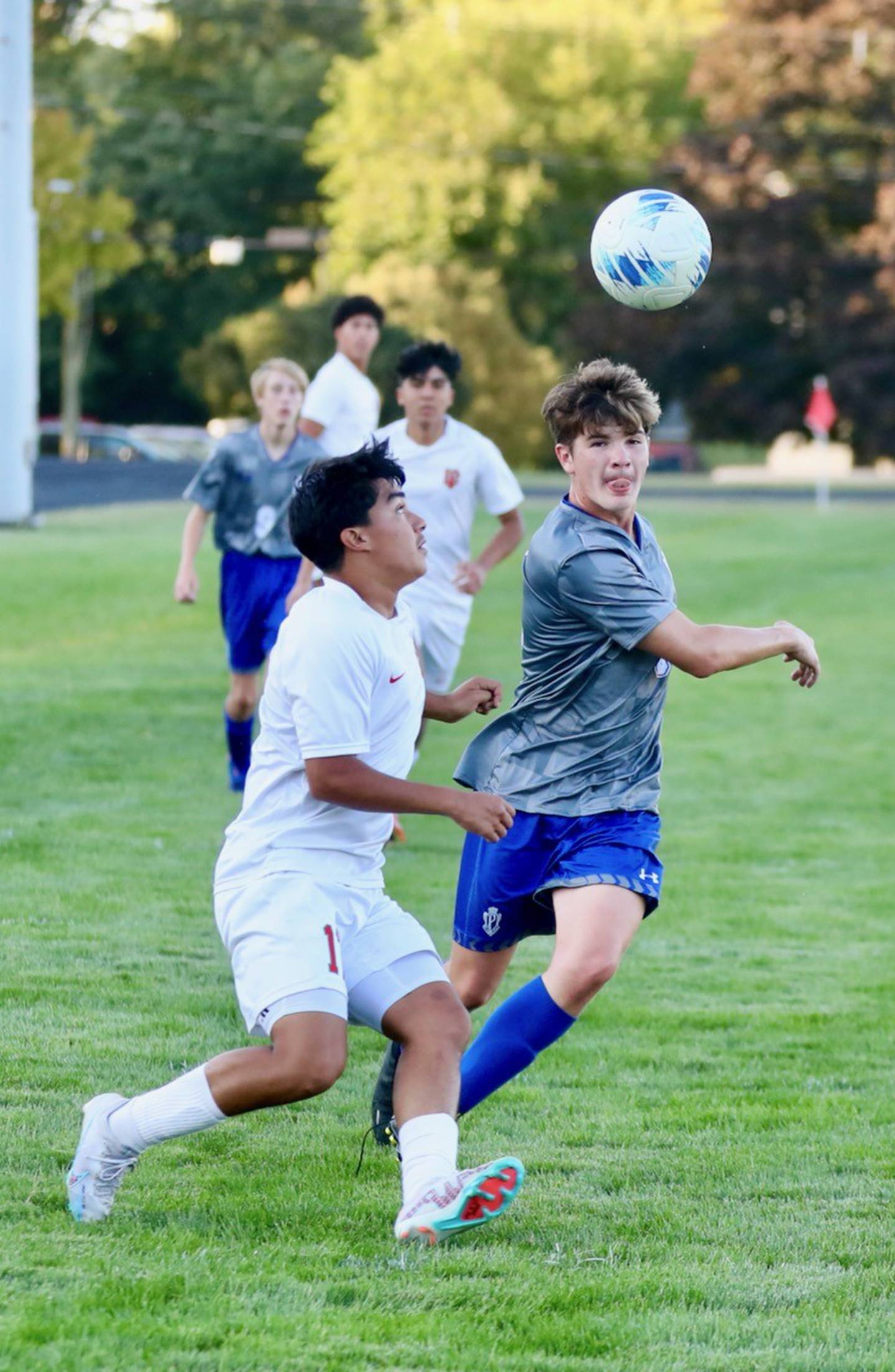 Princeton's Chase Sims and L-P's Ismael Mejia battle for the ball at the Bryant Field pitch Thursday night. The Cavs won 7-0.