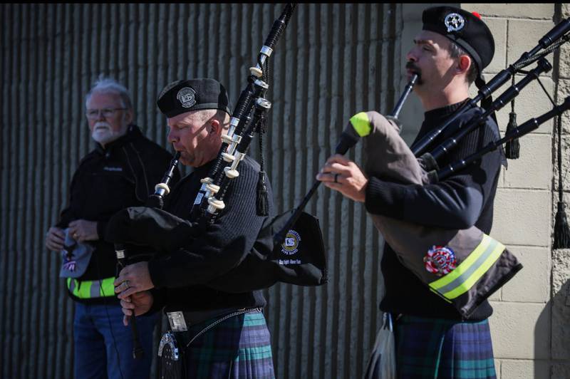 People play bagpipes during a Sept. 11 anniversary ride in Woodstock Sept. 6, 2025.