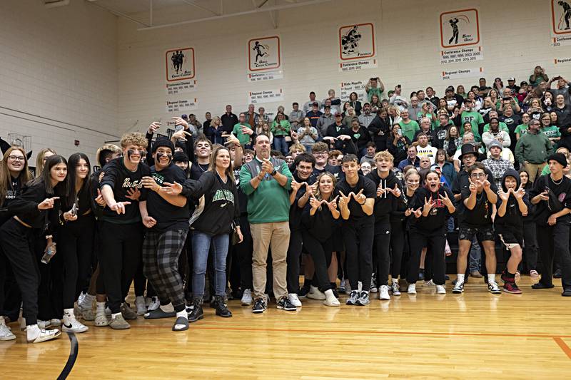 Rock Falls students celebrate their volleyball win Friday, Nov. 3, 2023 in the class 2A volleyball supersectional in Sandwich.