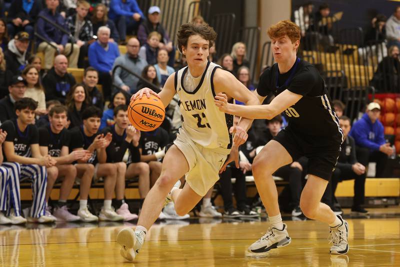 Lemont’s Lucas Glotzbach drives to the paint against St. Francis in the Class 3A Hinsdale South Regional semifinal game on Tuesday, March 3, 2026 in Darien.