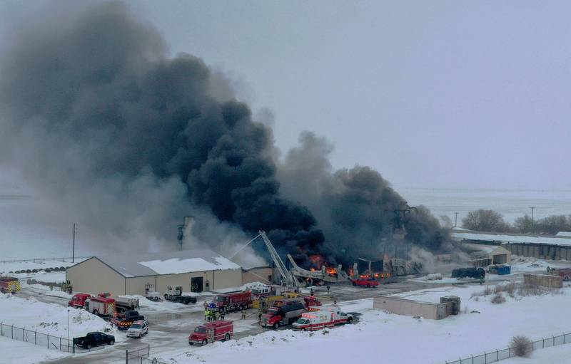 Flames and smoke billow from LSC Environmental Products on Monday, Jan. 22, 2024 near Lostant. The company was the former Phoenix Paper Products. It is located between Tonica and Lostant off of Illinois 251.