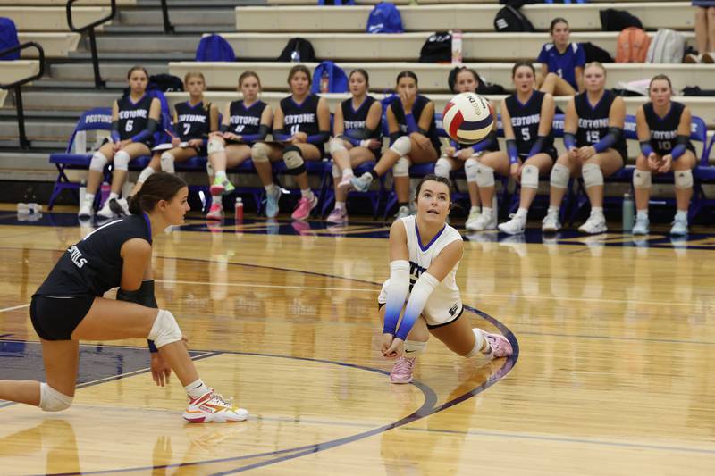 Peotone's Ella Stupegia dives for a Manteno hit during the Panthers' victory in three sets, 19-25, 25-19, 25-21, over Peotone on Tuesday, Sept. 23, 2025.