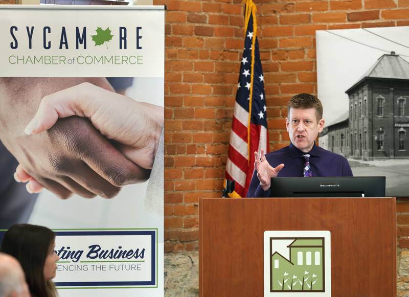 Sycamore City Manager Michael Hall speaks Wednesday, May 6, 2026, during the State of the Community Address hosted by the Sycamore Chamber of Commerce in the DeKalb County Community Foundation Freight Room.