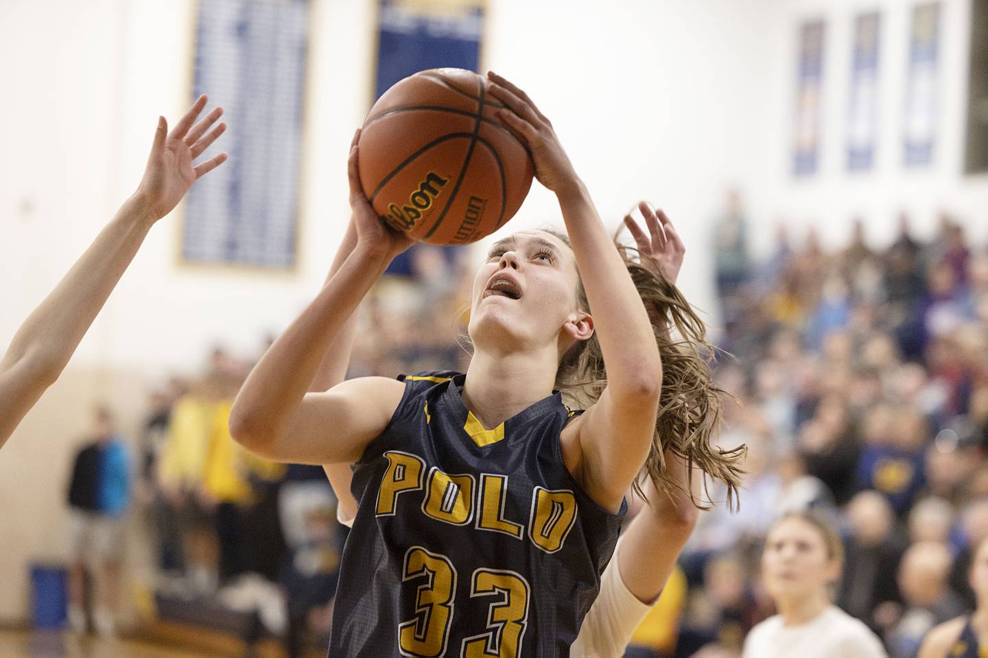 Polo’s Lindee Poper puts up a shot Tuesday, Feb. 21, 2023 in the sectional semifinal against Orangeville.