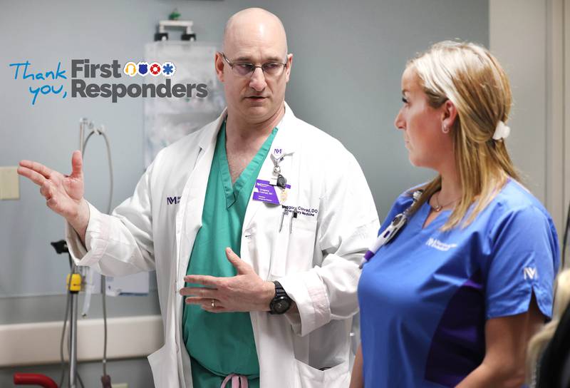 Dr. Gregory Conrad talks with nurse Randa Melms emergency room Thursday, April, 18, 2024, at Northwestern Medicine Kishwaukee Hospital in DeKalb.