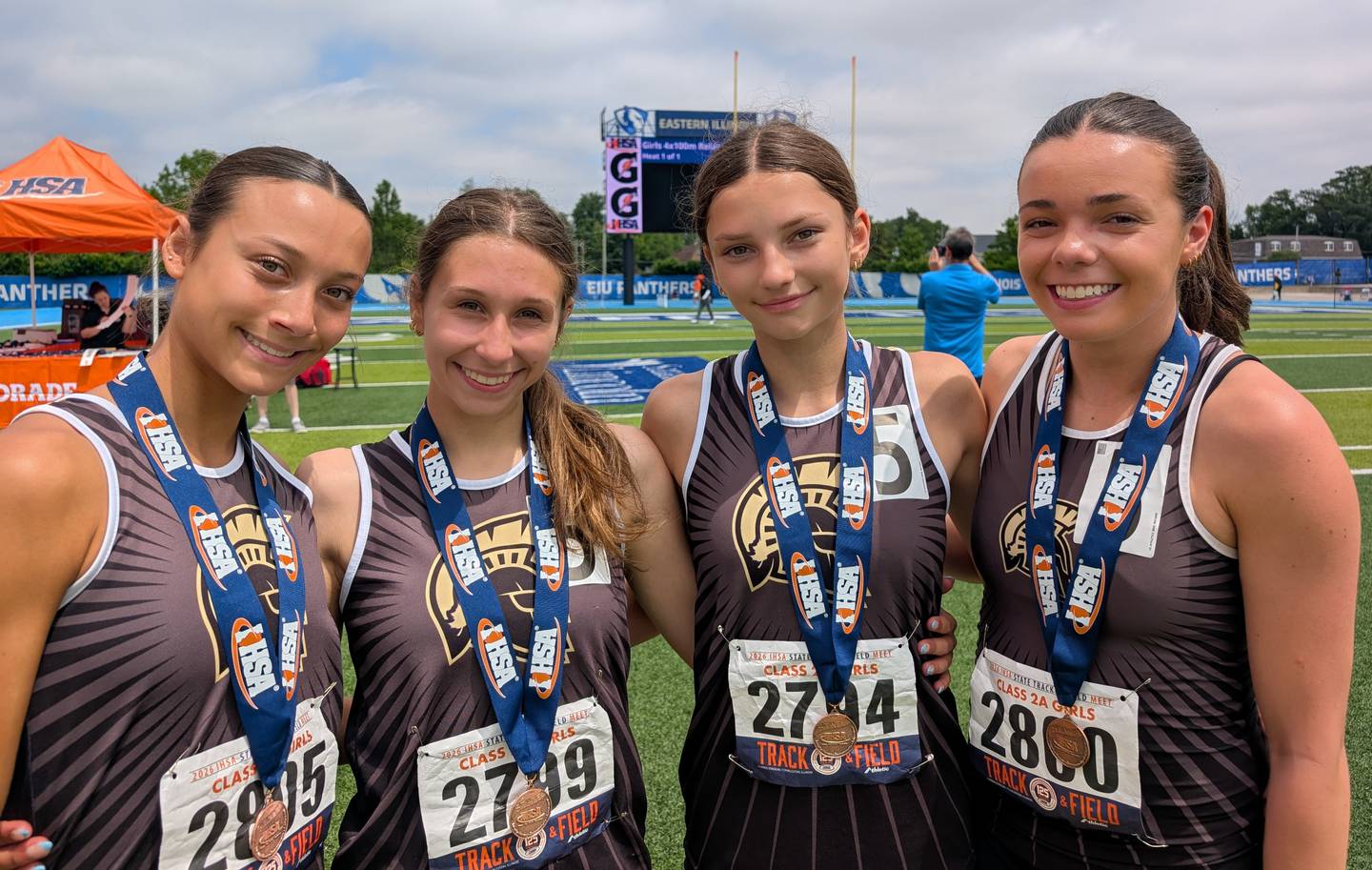 Sycamore's 4x800-meter relay team of (from left) Chloe Shere, Alana Fix, Anna Anderson and Layla Janisch pose for a photo after finishing fourth in Class 2A in the IHSA Girls Track and Field State Meet on Saturday, May 23, 2026, at Eastern Illinois University in Charleston.