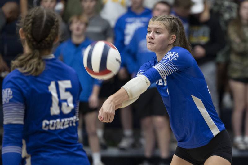Newman’s Lauren McClain makes a pass against Hall Tuesday, Oct. 21, 2025.