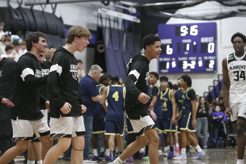 The Kaneland bench comes out to greet the team during a timeout in their Plano Christmas Classic Championship basketball game between Yorkville Christian at Kaneland Tuesday, Dec 30, 2025 in Plano.
