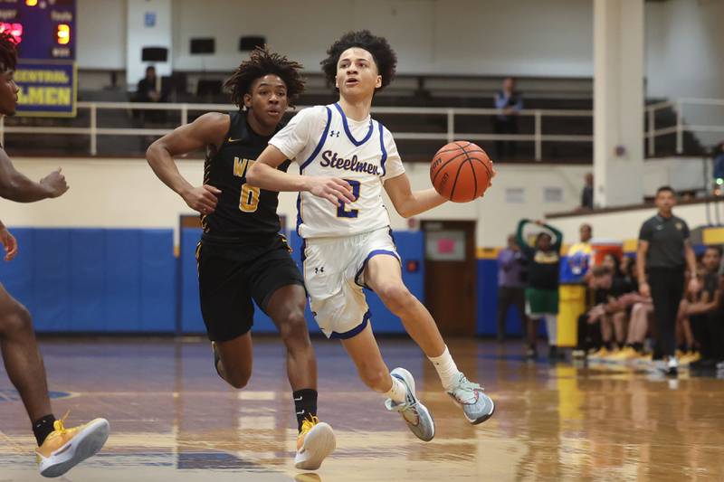 Joliet Central’s Zion Kostyra looks to make a play against Joliet West on Saturday, Jan. 27th, 2024 in Joliet.