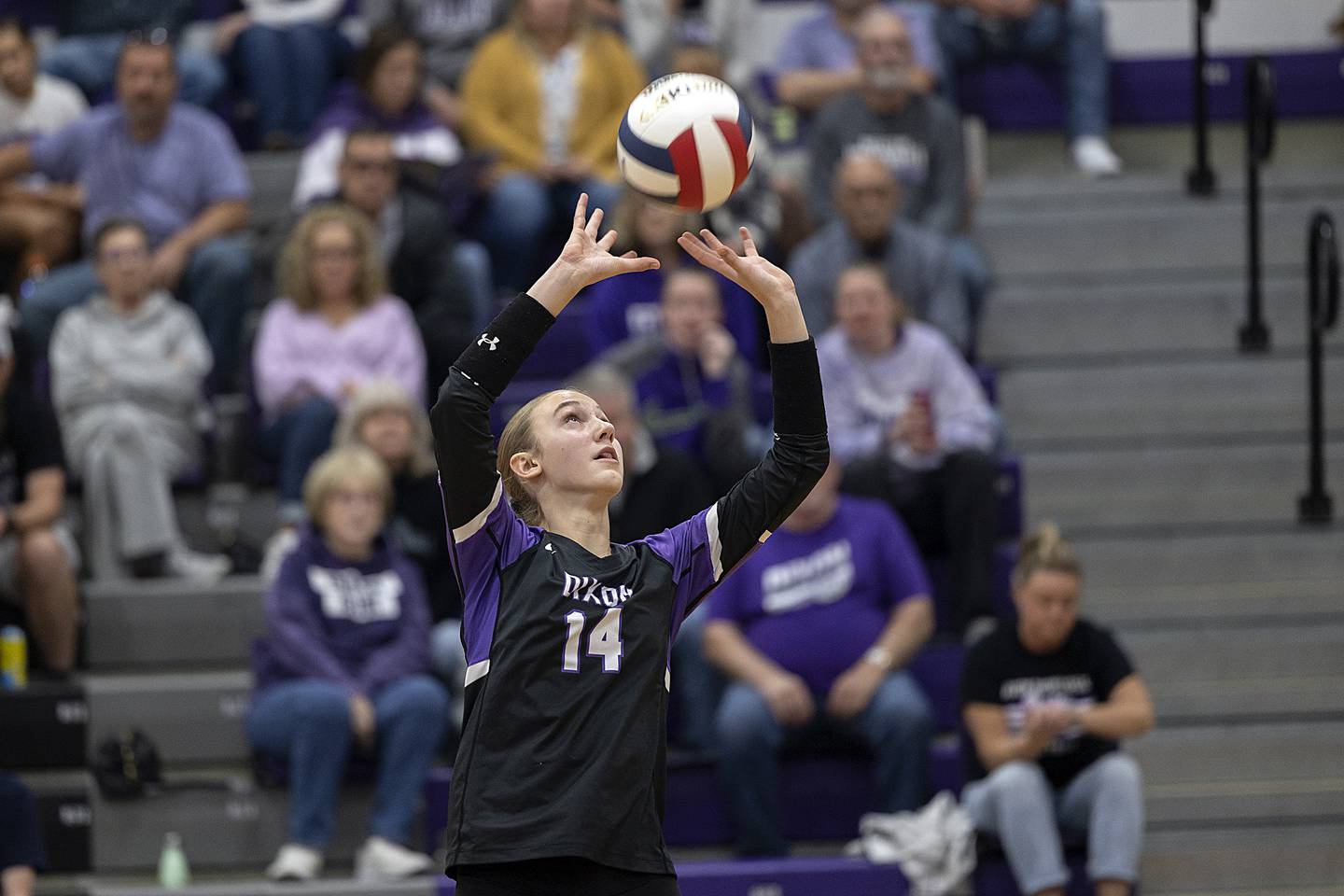 Dixon’s Leah Carlson sets against Rochelle Monday, Oct. 28, 2024, during regional play in Dixon.
