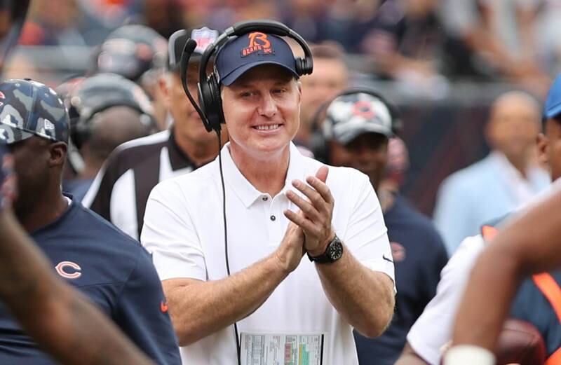 New Chicago Bears head coach Matt Eberflus celebrates as the clock winds down in his first preseason win as Bears head coach Sunday, Aug. 13, 2022, at Soldier Field in Chicago. The Bears beat the Kansas City Chiefs 19-14.