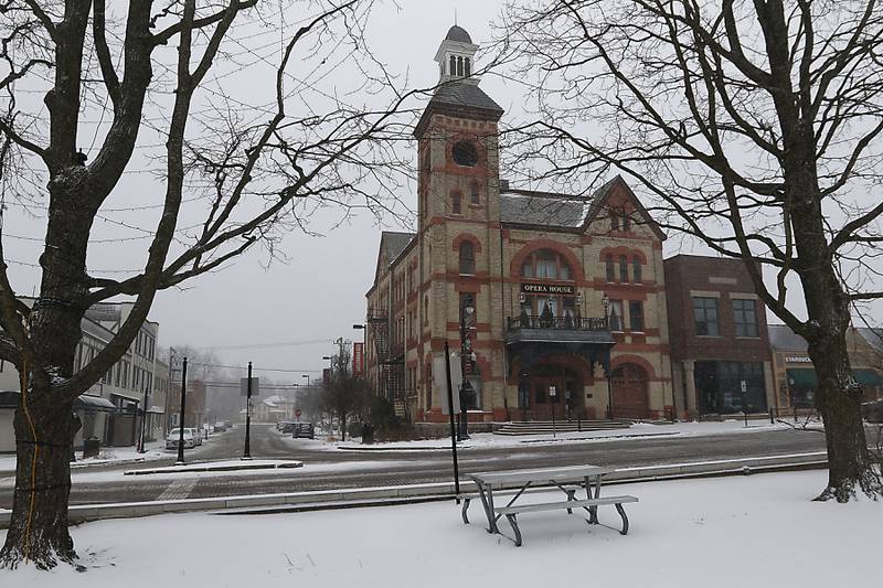 Snow surrounds the Woodstock Opera House on Thursday, Feb. 16, 2023, in Woodstock, after a winter storm moved through McHenry County creating hazardous driving conditions.