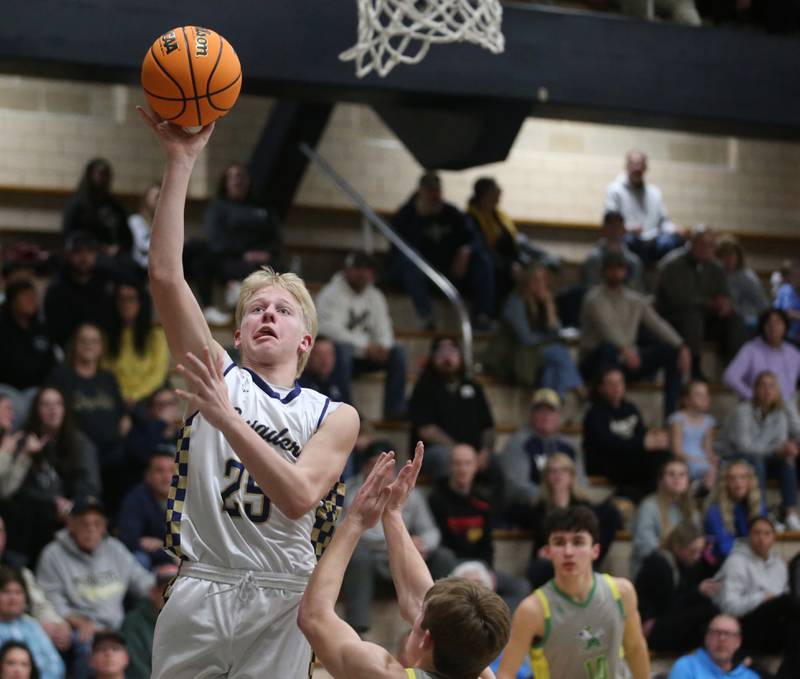 Marquette's Luke McCullough drives to the basket against Seneca on Friday, Feb. 21, 2025 in Bader Gym at Marquette Academy.