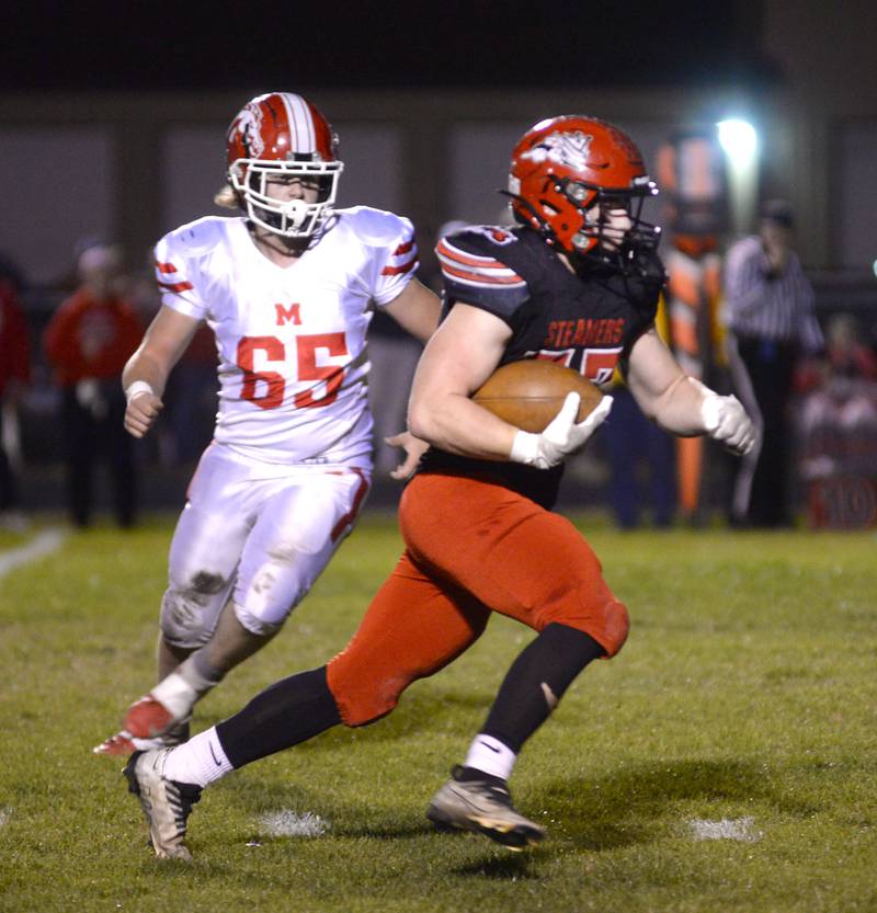 Fulton's Skylier Crooks (33) runs for a gain against Morrison on Friday, Oct. 25, 2024 in Fulton. The Steamers won the game 41-7.