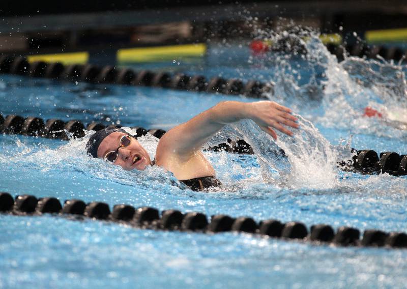 Oswego co-op’s Katie Gresik competes in the 500-yard freestyle during the IHSA Girls State Championships preliminaries at the FMC Natatorium in Westmont on Friday, Nov. 11, 2022.