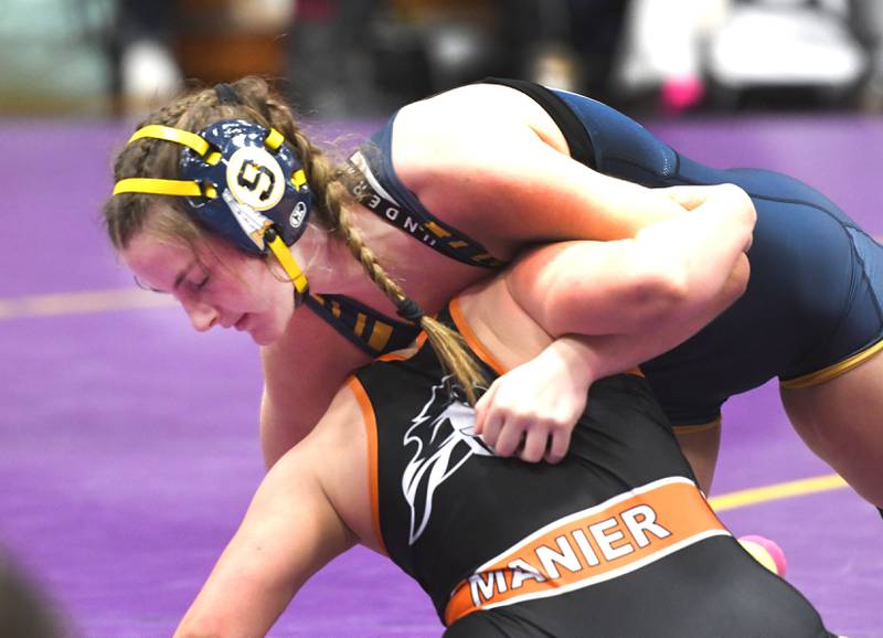 Sterling's Vivianna Torres holds Kaneland's Caitlyn Manier in  their 145 pound match for third place at the Belvidere Regional on Saturday, Feb. 7, 2026.