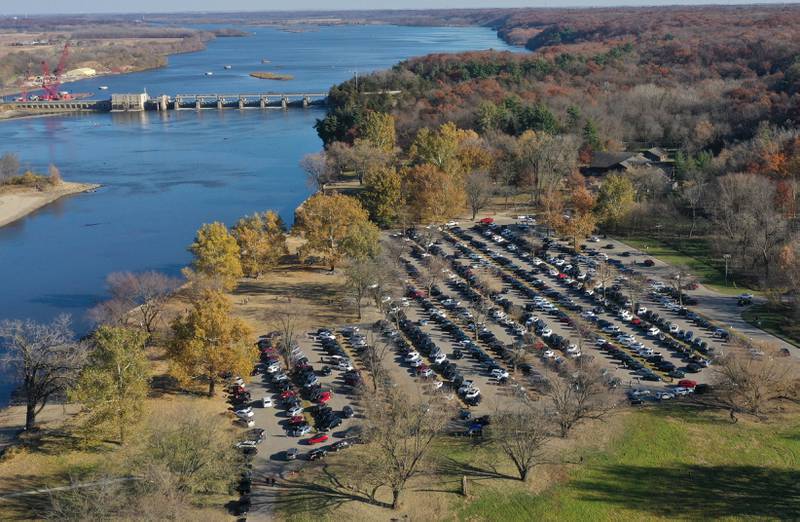 This aerial photo was obtained through special permission from Starved Rock State Park. The lower parking lot at Starved Rock State Park is at full capacity. Starved Rock cracked 2 million visitors for the seventh consecutive year.