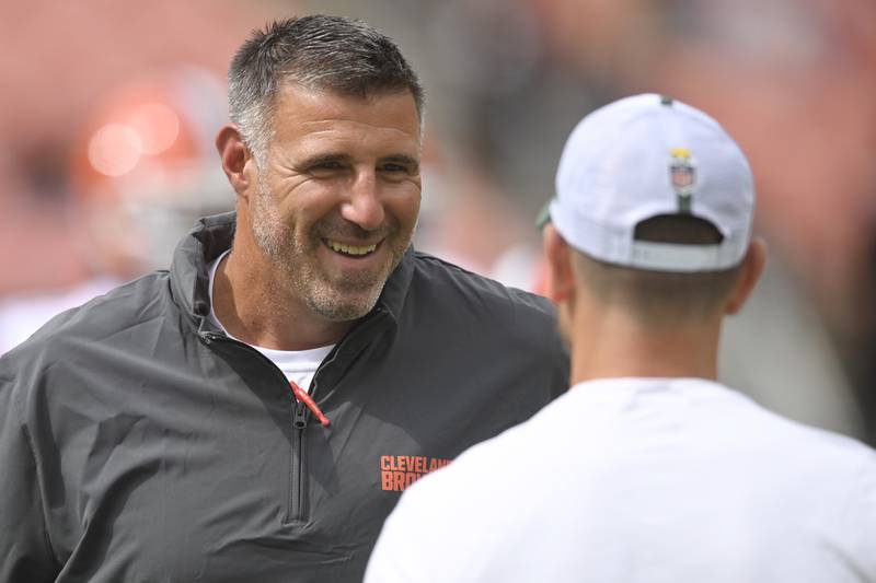 Cleveland Browns coaching and personnel consultant Mike Vrabel stands on the field before an NFL preseason football game against the Green Bay Packers, Saturday, Aug. 10, 2024, in Cleveland. The Packers won 23-10. (AP Photo/David Richard)