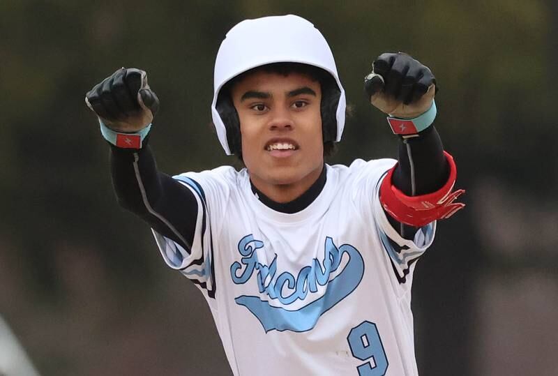 Parkview Christian Academy's Alex Donelson celebrates after hitting a double Thursday, April 17, 2025, during their game at Hiawatha High School in Kirkland.