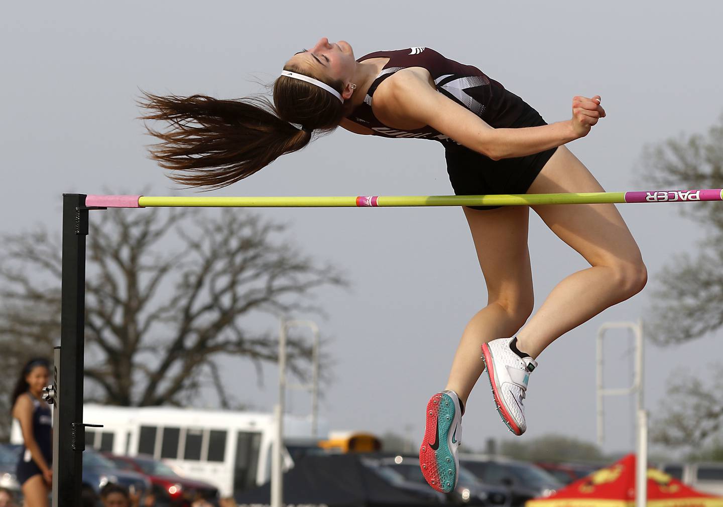 Prairie Ridge’s Rylee Lydon competes in the high jump during the IHSA Class 3A Huntley Girls Track Sectional Wednesday, May 11, 2022, at Huntley High School.