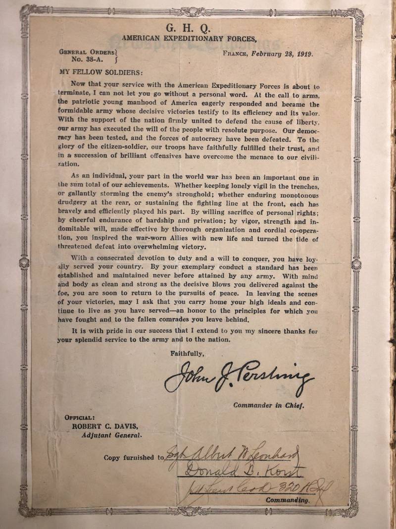 A letter inside the service record book of WWI U.S. Army soldier Albert Leonhard. The book was recently purchased by DeKalb resident John Wright at a local estate sale.