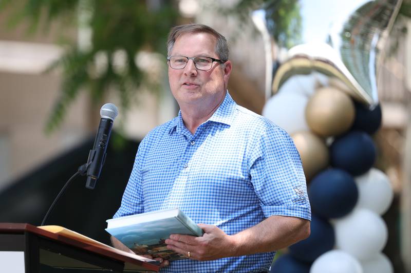 Rick Kwasneski, former Mayor of Lemont, speaks at the Lemont 150th Anniversary Commemoration on Friday, June 9, 2023 in downtown Lemont.