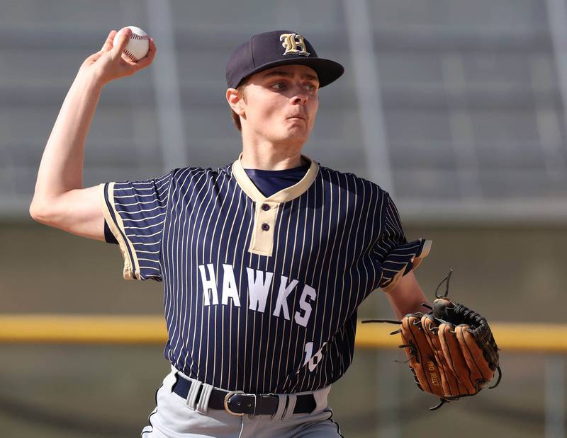 Hiawatha’s Thomas Giebel delivers a pitch Tuesday, April 29, 2025, during their game against Hinckley-Big Rock at Hiawatha High School in Kirkland.