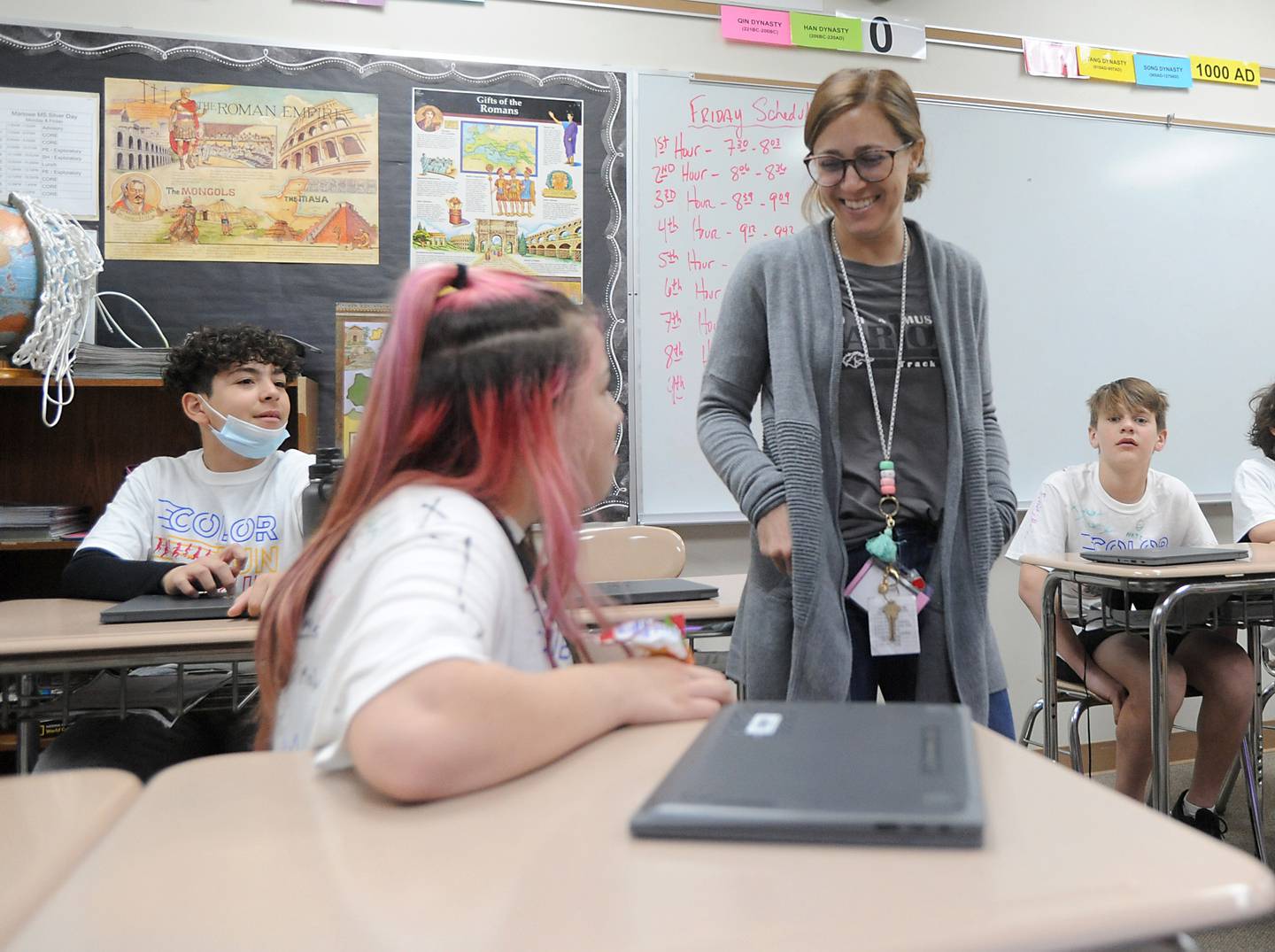 Teacher Amy Ehmen talks to students Friday, April 29, 2022, as he teaches his social studies class at Marlowe Middle School. Several Huntley School District 158, classes have raised money for philanthropy causes.