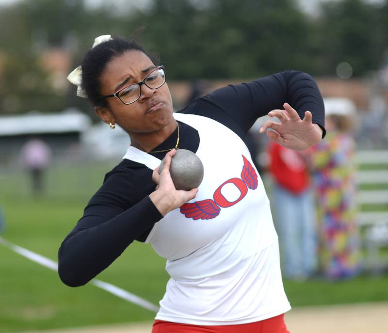 Oregon's Alease McLain throws the shot  at the Landers-Loomis Invitational track meet on Friday, April 25, 2025 held at Oregon High School.