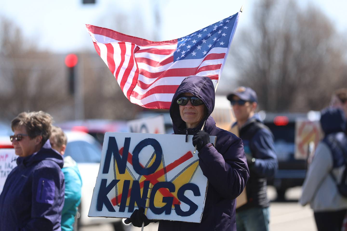 Lisa Klaas holds a sign and flag at the No Kings rally on Saturday, March 28, 2026 in Joliet.
