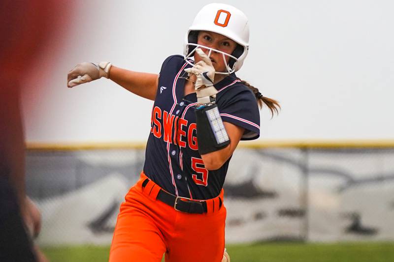 Oswego's Adalynn Fugitt (5) rounds second during a Class 4A Oswego East Regional Final softball game against Neuqua Valley at Oswego East High School on Friday, May 30, 2025.