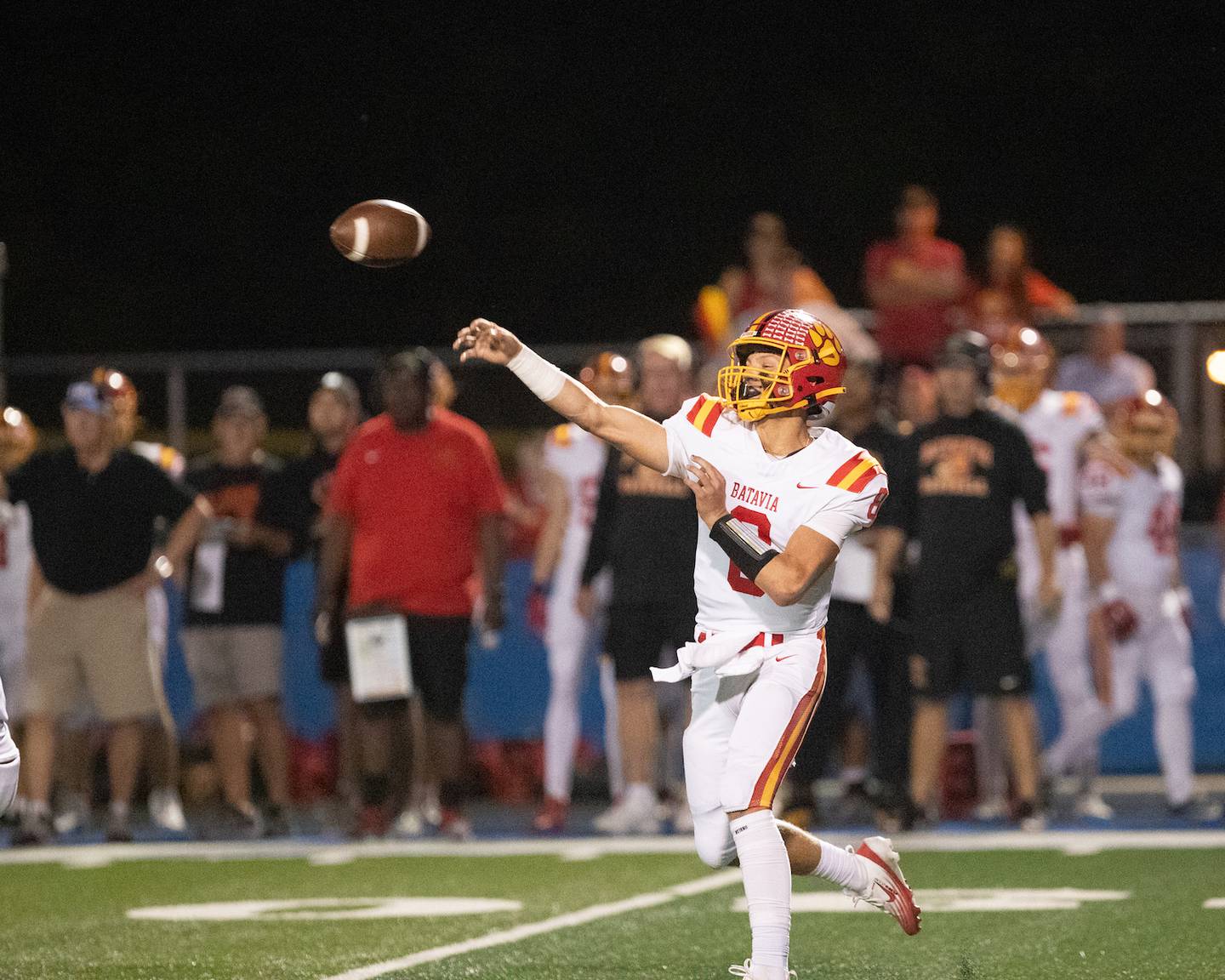 Batavia's Michael Vander Luitgaren throws the ball for a gain against Geneva on Friday, Oct. 3, 2025 in Geneva.