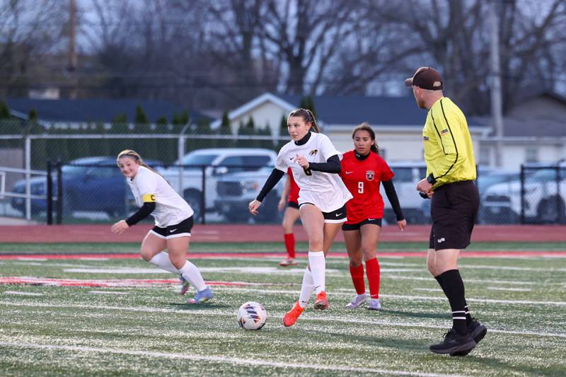 Herscher's Gianna High looks to pass during the Tigers' 4-3 loss to Bradley-Bourbonnais on Monday, April 6, 2026.