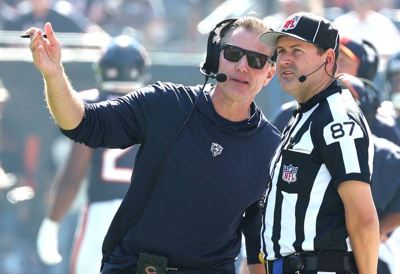 Chicago Bears Head Coach Matt Eberflus talks to an official during their game against the Denver Broncos Sunday, Oct. 1, 2023, at Soldier Field in Chicago.