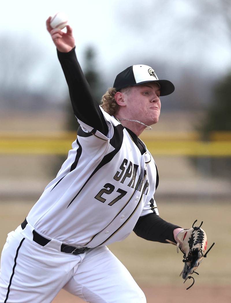 Sycamore's Jimmy Amptmann delivers a pitch during their game against Burlington Central Tuesday, March 21, 2023, at Sycamore Community Park.