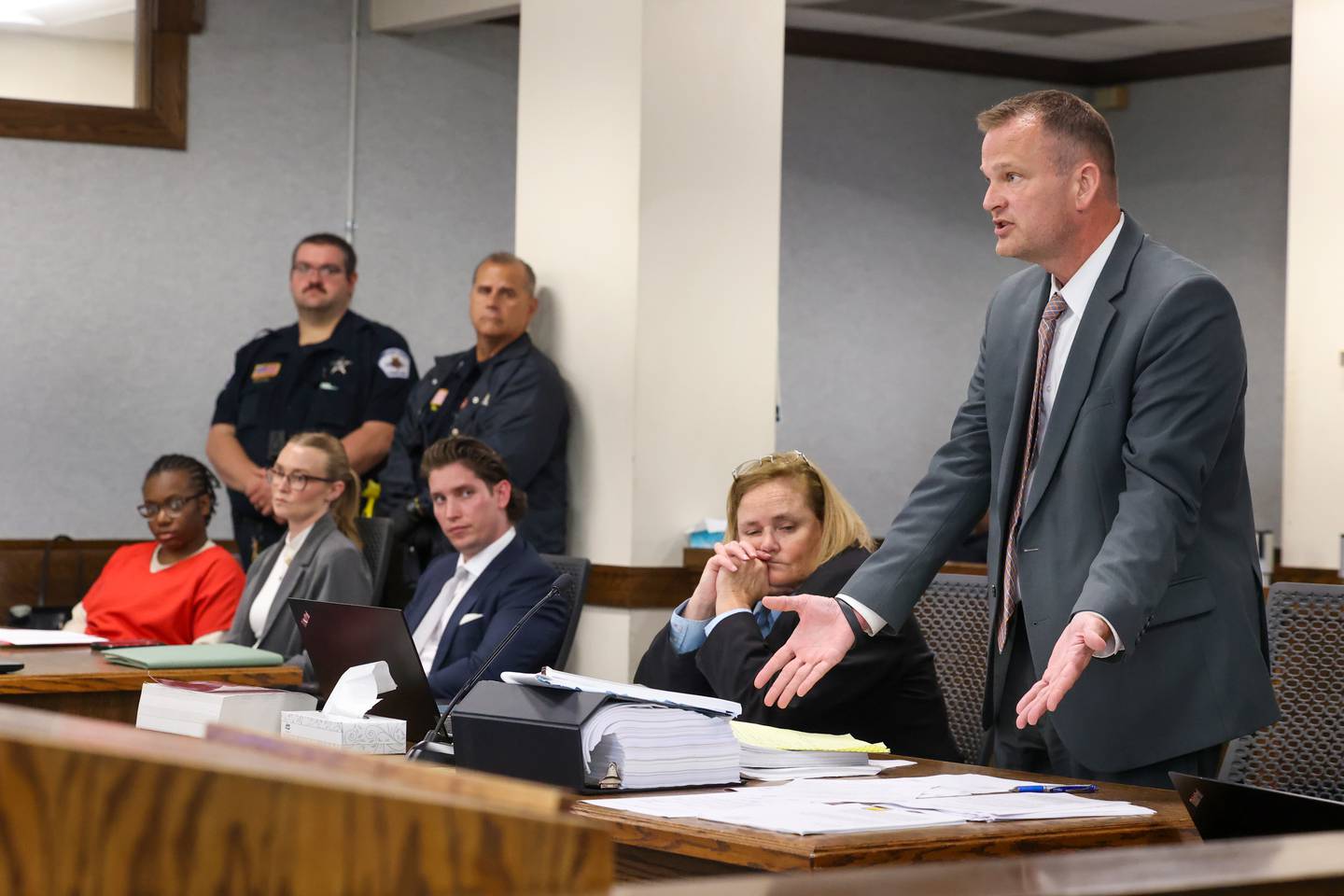Kankakee County State's Attorney Jim Rowe, right, expresses frustration with a delay in the sentencing of Xandria Harris, left, during proceedings in Judge Kathy Bradshaw-Elliott's courtroom on Aug. 7, 2025