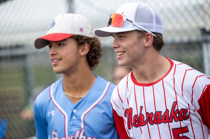 (left to right) Jansen Fahlen and Bradyn Sinsel attend the Central Region Tournament, opening Ceremony on Friday, July 11, 2025 at Washington Park in Peru.