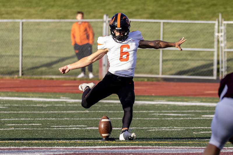 Lincoln-Way West's Zach Hermanson kicks-off against Lockport during a varsity football game at Lockport Township High School’s East Campus on Sept. 5, 2025.