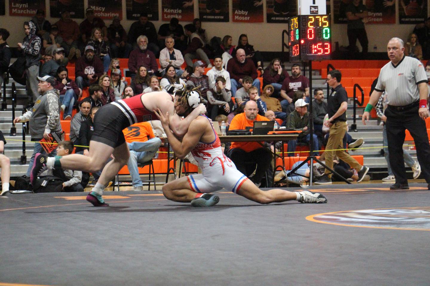 Oregon's Quentin Berry wrestles Orion's Maddux Anderson in the 190-pound first-place match Saturday, Feb. 10, 2024, at the Class 1A Byron Sectional at Byron High School.