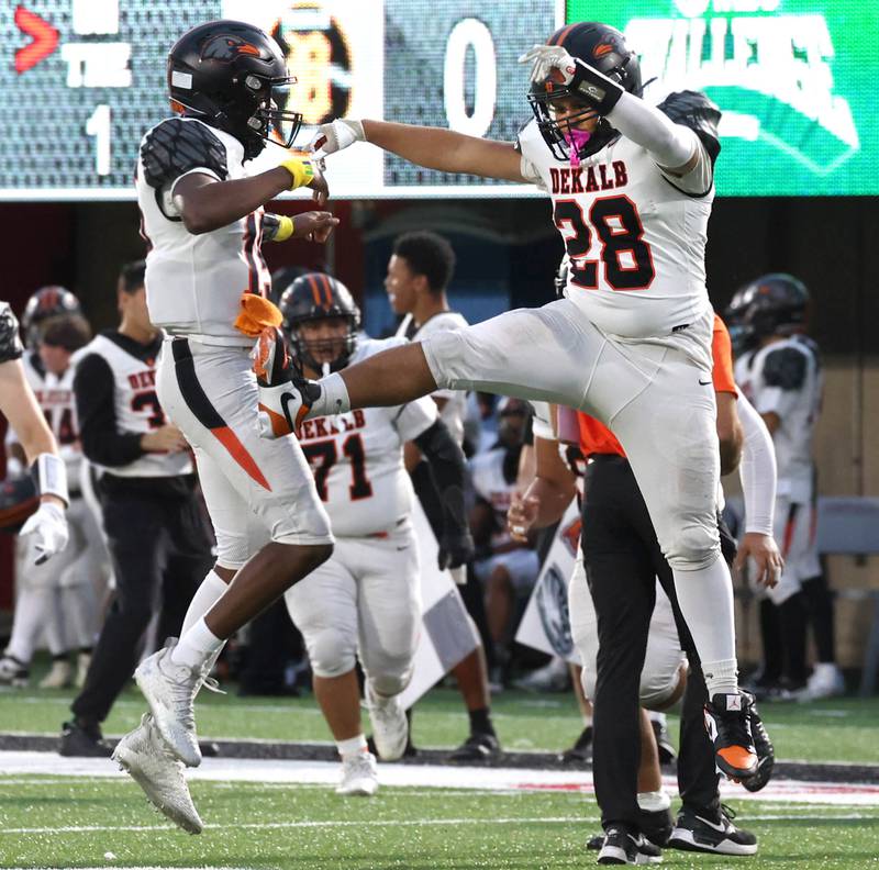 DeKalb players celebrate a touchdown Friday, Aug. 29, 2025, during the FNBO Challenge against Sycamore in Huskie Stadium at Northern Illinois University.