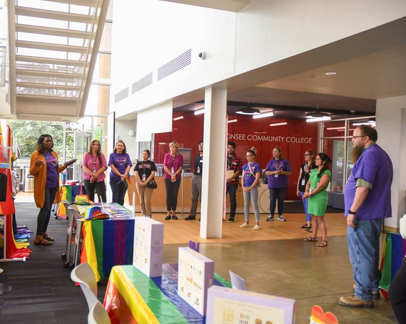 Marleigha Evans the senior diversity equity and inclusion coordinator welcomes all who had stop by the pride party at Waubonsee Community College held at the Plano campus on Thursday June 29, 2023.