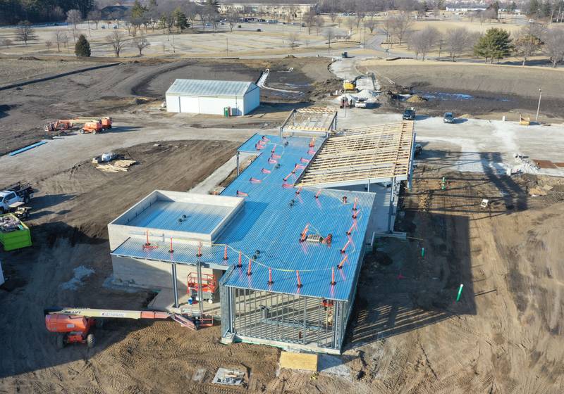 An aerial view of the Dr. Alfred E. Wisgoski Agricultural Education Center on Wednesday, Feb. 11, 2026 at Illinois Valley Community College in Oglesby. The new building will help redefine the IVCC agriculture program, outfitting the college to train and upskill agriculture workers, aid in the development of new technology, and sustainable practices. Approximately 1.6 million has been pledged for the agricultural center. IVCC will offer a community donation program later this spring. The 10,250 square-foot building is to be ready for occupancy in 2027.