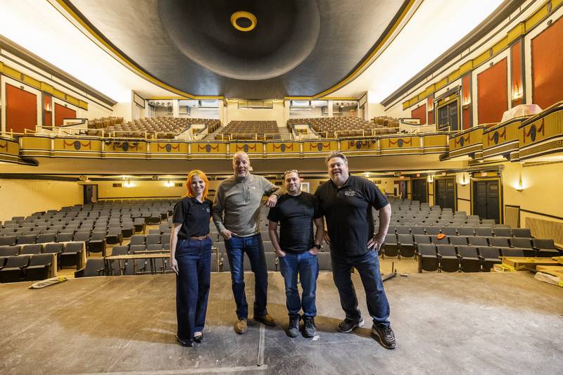 After months of being closed, The Dixon is gearing up for its reopening March 2 with the Broadway show “Spamilton.” A $1.2 million renovation has paved the way for 70 planned shows for the upcoming year, three times more than ever before. Pictured are theater manager Tori Highley (left), councilman Mike Venier, technical manager Scott Shipp and executive director Darren Mangler.