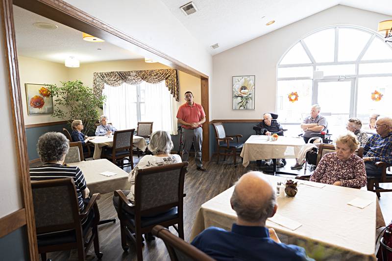 Former Dixon mayor Li Arellano speaks to residents at Liberty Court Thursday, Nov. 16, 2023 in Dixon. Arellano is running for state senate and wanted to stop by and muster support from the residents. Arellano spoke about the improvements Dixon made during his tenure and the bright future the city has.