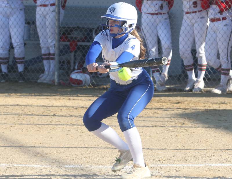 Princeton's Caroline Keutzer lays down a bunt against L-P on Tuesday, March 19, 2024 in Princeton.