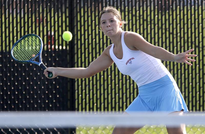 Marian Central’s Kaitlyn Remke returns the ball  during a non-conference tennis match on Monday, Sept. 25, 2023, at Crystal Lake Central High School.