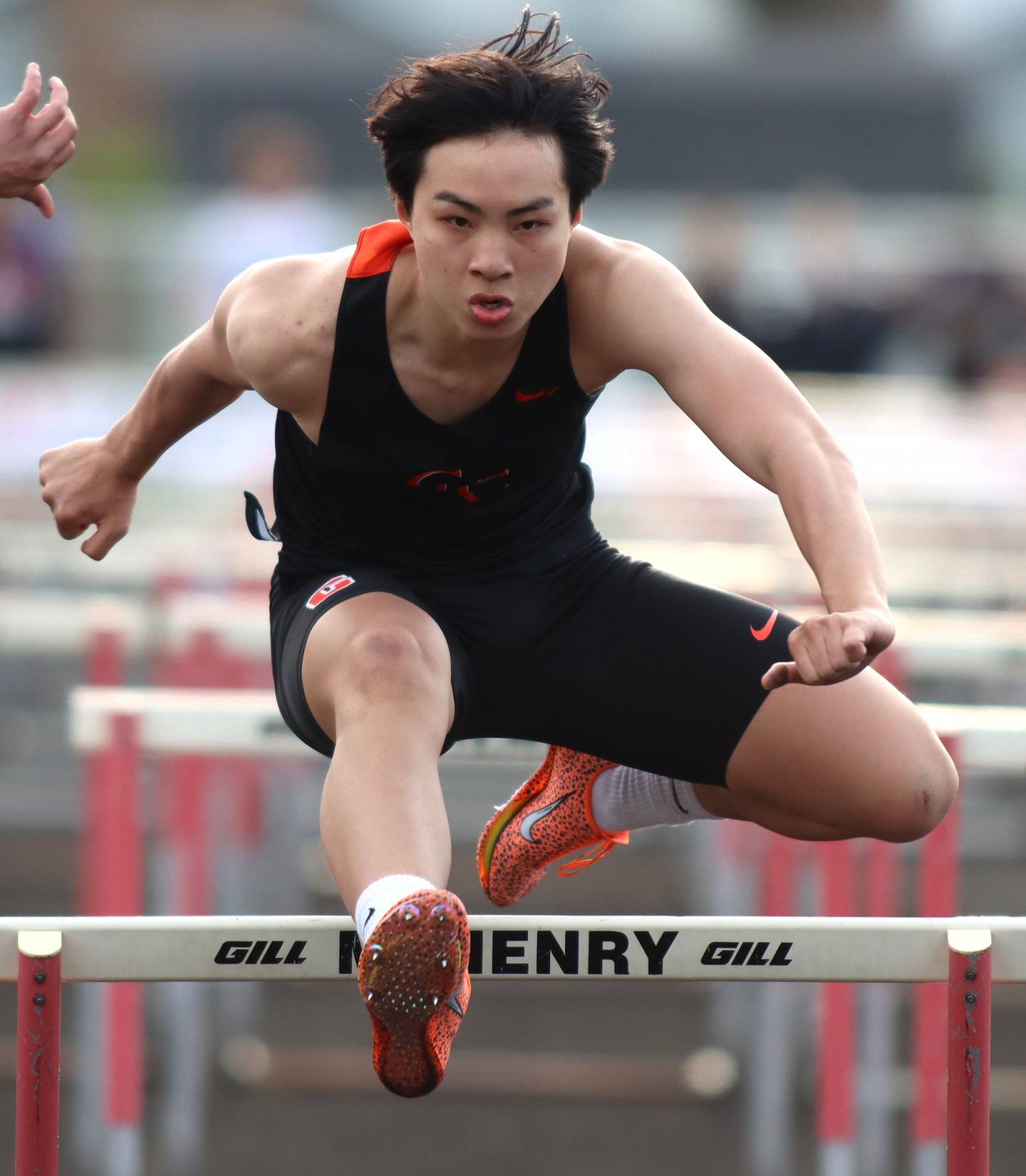 Crystal Lake Central’s Eric Wang competes in the 110-meter hurdles during the McHenry County Track and Field Meet at McCracken Field on Thursday, April 24, 2025, in McHenry