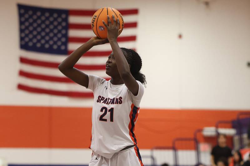 Romeoville’s Shay Adebayo takes an outside shot against Joliet West on Thursday, Jan. 29, 2026 in Romeoville.